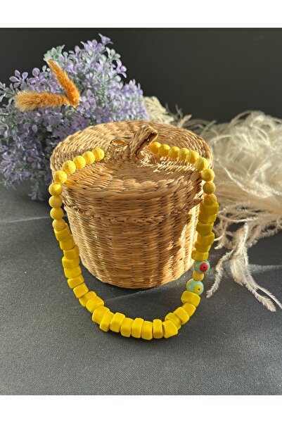 Limi Design Sarı Cam boncuk ve lav taşı  el yapımı doğal taş nazar kolye