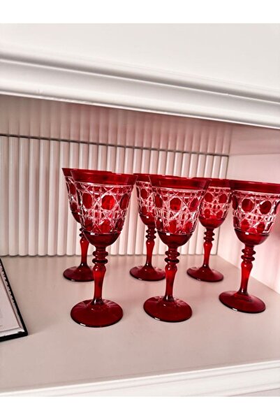 dekorasyon garajı Kristal Kesme Kadeh 6 lı Hasır Desen Kırmızı