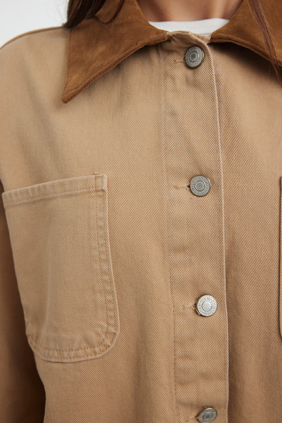 Trendyol Collection Hnědý semišový kontrastní límec Džínová košilová bunda Twoaw25Ce00026