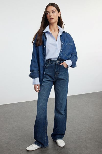 Trendyol Collection Темно-сині джинси з високою талією та широкими штанинами TWOAW25JE00105