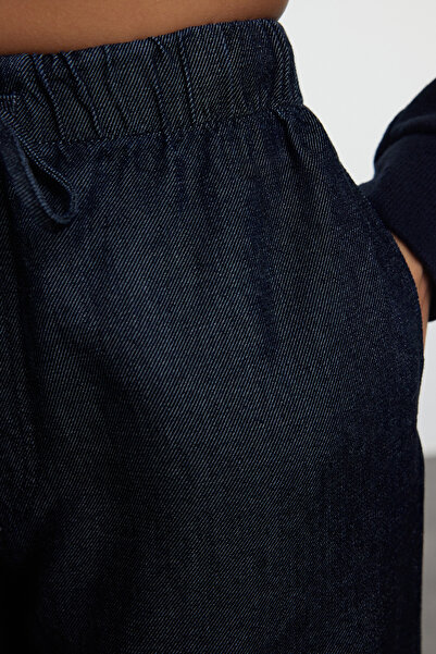Trendyol Collection Premium Dark Blue - 100% Tencel ™   High Waist Elastic Tie Wide Leg Jeans Twoaw25Je00046