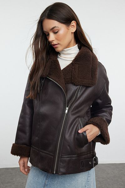 Trendyol Collection Тъмнокафяво плюшено велурено яке - колан с детайли, TWOAW25MO00011