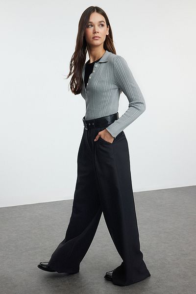 Trendyol Collection Wide Leg Black Belted Trousers - TWOAW25PL00022