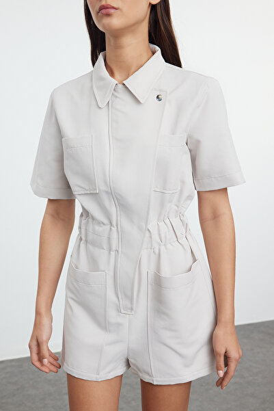 Trendyol Collection Gabardine Mini Jumpsuit with Stone Shirt Collar Waist Drawstring Detail Twoss24Tu00011