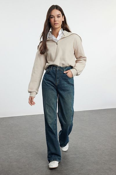 Trendyol Collection Темно-сині джинси з високою талією та широкими штанинами TWOAW25JE00095