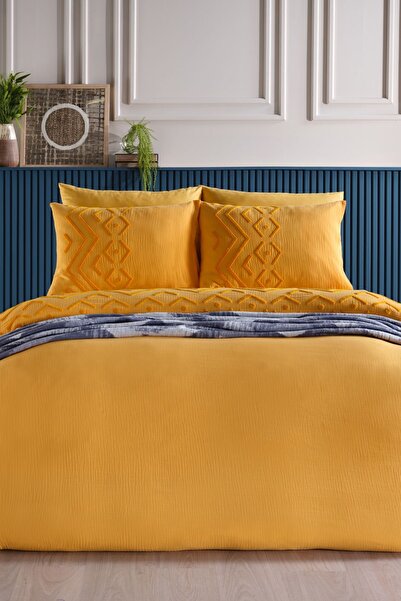 Doqu Home طقم غطاء لحاف موسلين زيوغما مزدوج مطرز - أصفر