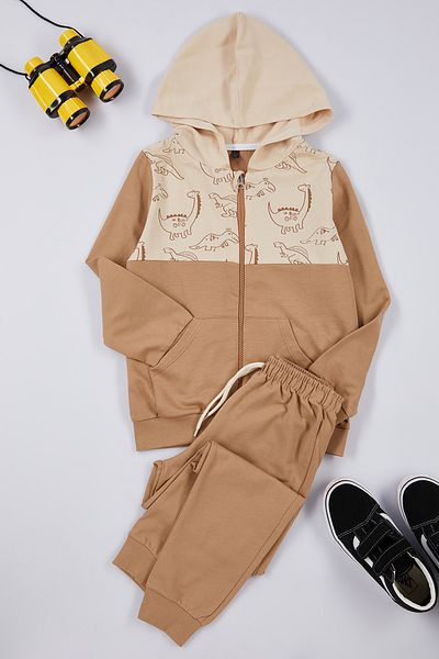 TRENDYOLKIDS Boy Beige Slogan Cotton Suit - Tkdaw25Au00008