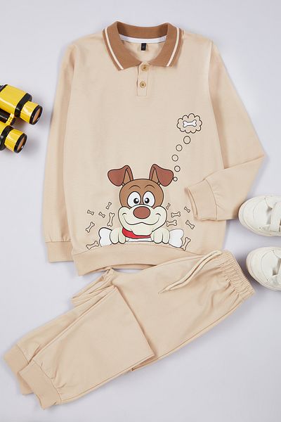 TRENDYOLKIDS Cotton Beige Printed Set - Lower & Upper Tkdaw25Au00004