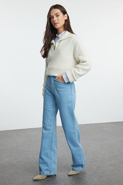 Trendyol Collection Blugi albaștri cu talie înaltă cu picioare late TWOAW25JE00073