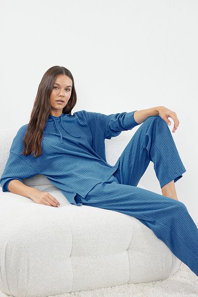 Trendyol Collection Sada pyžama s kapucí z modré bavlny se šňůrou - THMAW22AU0334