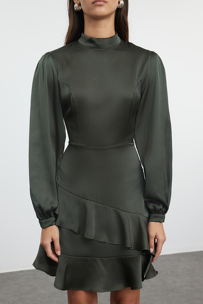 Trendyol Collection A vonalú KHaki mini ruha - fodros szoknya, szövött, TWOAW21EL1891