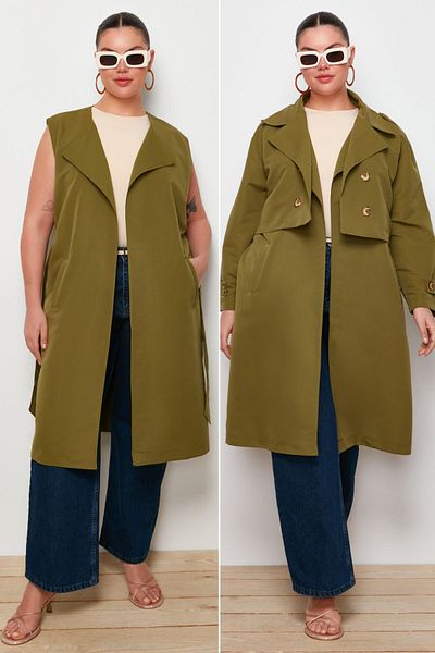 Trendyol Curve KHaki Seasonal Trench Coat Set 2 - Długi i Krótki Bez Podszewki TBBSS24BM00001