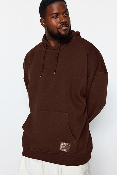 Trendyol Collection Φούτερ Fleece με κουκούλα μεγάλου μεγέθους - Καφέ με ετικέτες TMNAW24AO00000