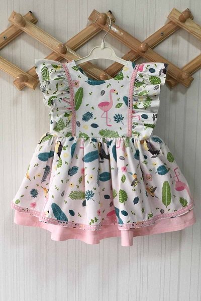Bertuğ Bebek Ruffle Detailed Flamingo Patterned Sleeveless Baby Girl Dress