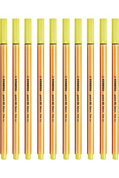 Stabilo Lemon Yellow 88 Point 0.4 Mm Thin Felt Tip Fineliner Pen - Pack of 10