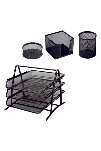 Gen-Of Mimaks Metal Office Set - 3-Piece Desk Set, Document Rack and Paper Clip Pen Holder Note Holder