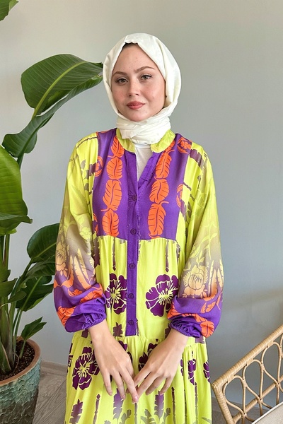 InStyle Yellow Viscose Dress - Palm Pattern