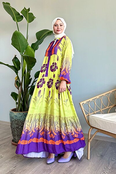 InStyle Yellow Viscose Dress - Palm Pattern