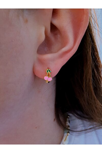 MAGRİB 925 ayar gümüş mineli pembe kirazlı çocuk küpe