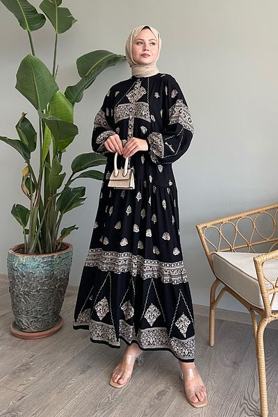 InStyle Black Viscose Retro Ethnic Dress