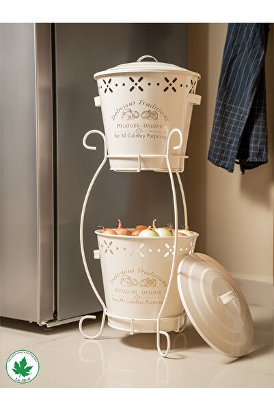 linmetal 2 Katlı Metal Patates Soğan Kovası - Sebzelik - Patates Soğanlık Sepeti Krem