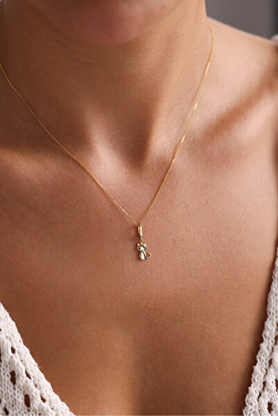 Gianfranco 14 Ayar Altın Siyah Taşlı Kedi Kilitli Charm Kolye