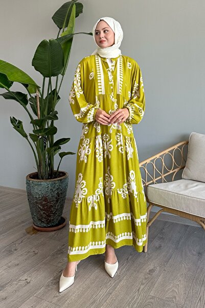 InStyle Oil Green Ethnic Motif Viscose Dress