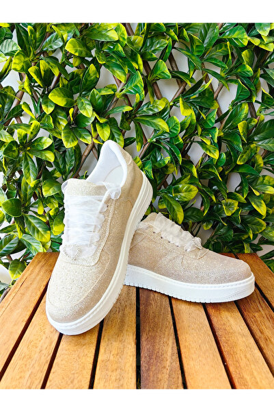 Ayakkabı Tutkusu Stilo ® Şampanya Rengi  Kısa Taban Sneakers Spor Ayakkabı Yeni Hafif Parıltılı Şık Rahat Kaliteli