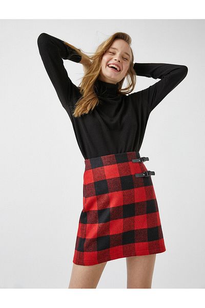 Koton Leather Detailed Checked Mini Skirt