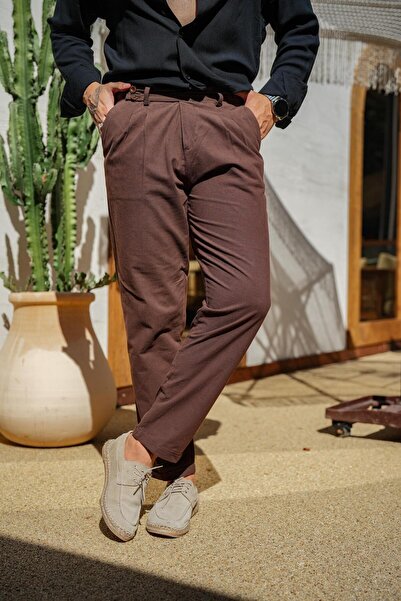 OUTFİT MAN Men's Linen Trousers - Brown Color with Side Belt Detail