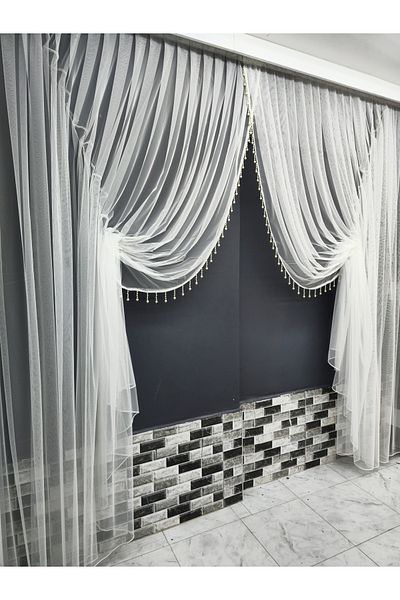 Art Perde Beaded Double Sided Patternless Close Pleat (1/3) Double Breasted Greek Tulle Curtain with Mechanism Suitable for All Rooms