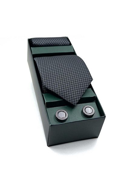 Kravatkolik Gray Cufflinks Black Handkerchief Tie Gift Set - Os573