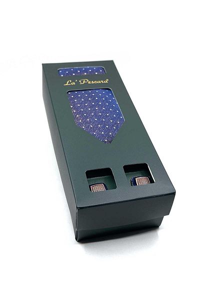 Kravatkolik Tie Os579 - Brown Cufflink Gift Set with Dark Blue Handkerchief