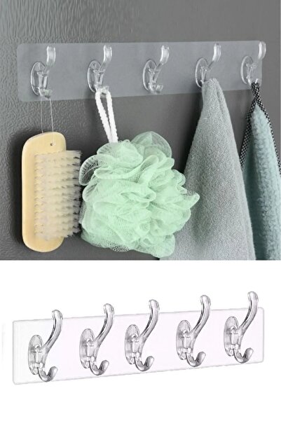 tafce 5'li Kendinden Yapışkanlı Güçlü Şeffaf Askılık - Kapı Arkası Mutfak Duvar Banyo Askı