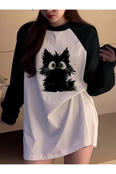Touz Moda Λευκό Vintage Raglan T-Shirt - Μακρυμάνικο, Μαύρη Γάτα με στάμπα