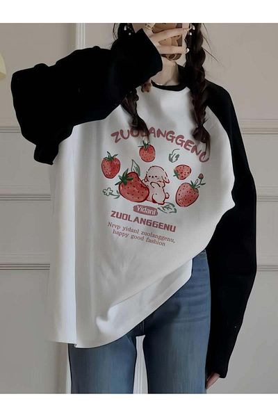 Touz Moda Μακρυμάνικο μπλουζάκι με στάμπα φράουλα Vintage Raglan λευκό