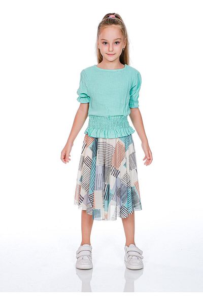 Kamex Girl's Set with Turquoise Muslin Blouse and Tulle Chiffon