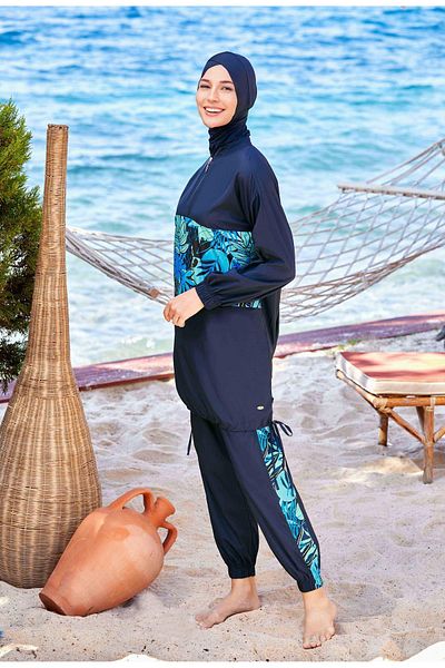 Adasea Μαγιό Hijab με μπλε ναυτικό φερμουάρ