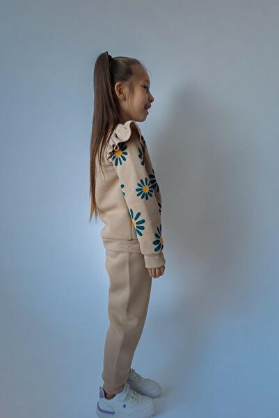 QUB CLUB Beige Mink Flower Patterned Girl's Tracksuit Set