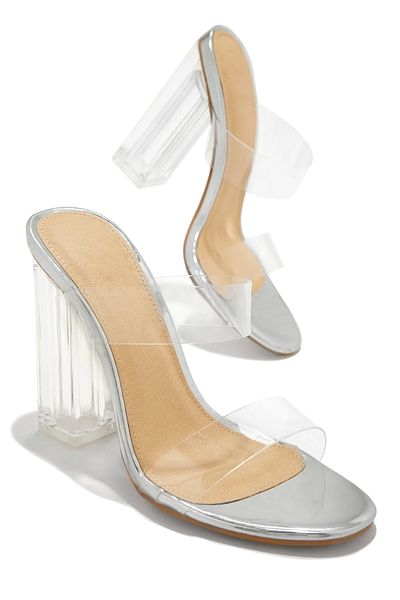 TrendyAnka Nude Silver 10 Cm Transparente Toc Pătrat Deget Rotund Sandale Stiletto Papuci - Femei