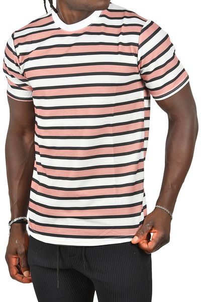 DeepSEA Men's Slim Fit Lycra Salmon T-Shirt - Crew Neck, Horizontal Stripes 2403228