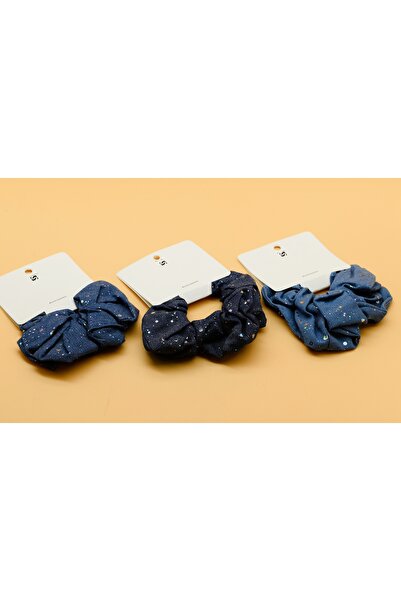Zehra Aksesuar Denim görünümlü simli kumaş lastikli scrunchie simit toka