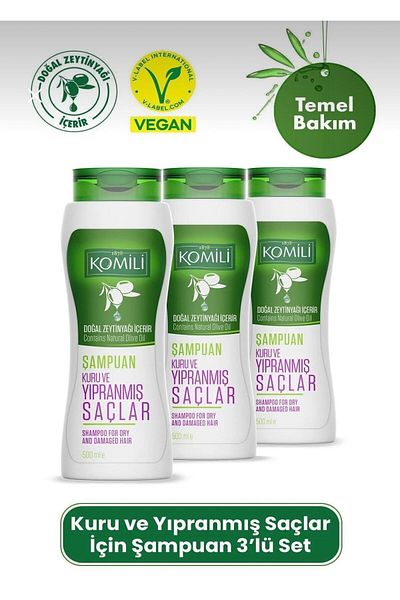 Komili vegan Basic Care Shampoo - for DrY and Damaged Hair, Set of 3 3x500 ml