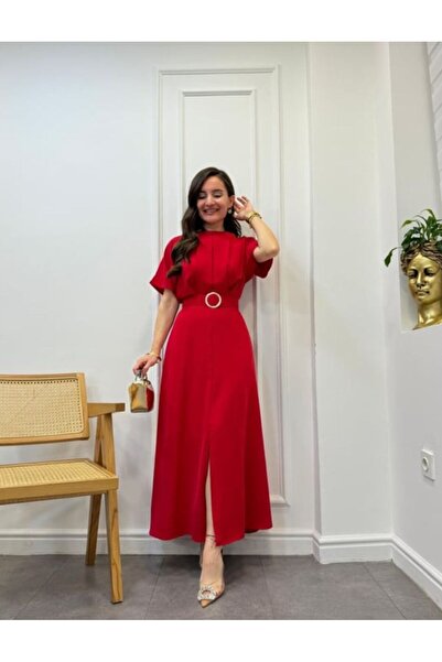 MAMMY KIRMIZI Göğüs Pileli Yırtmaçlı Elbise 3098