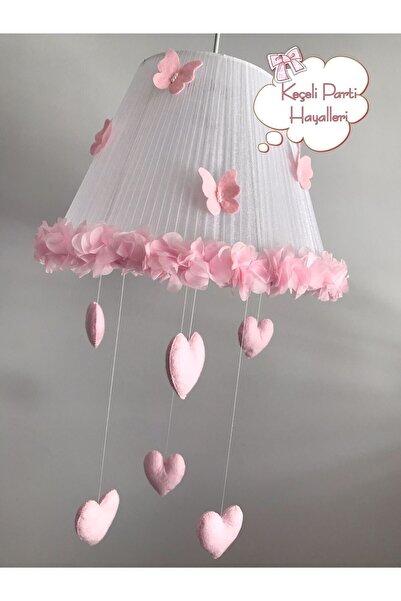 Keçeli parti hayalleri bebek çocuk odası avize beyaz tül açık pembe çiçekl kelebek kalp