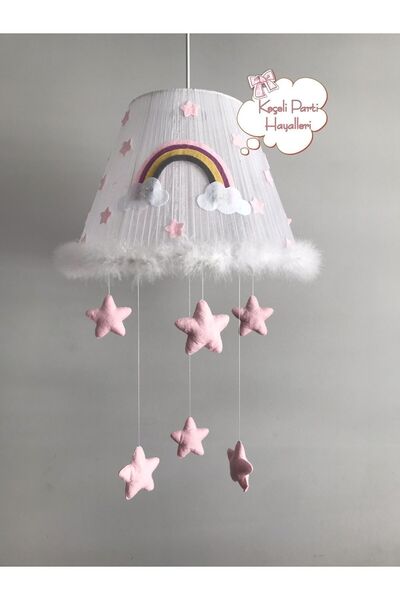 Keçeli parti hayalleri Bebek çocuk odası avize gökkuşağı açık pembe yıldız mo...