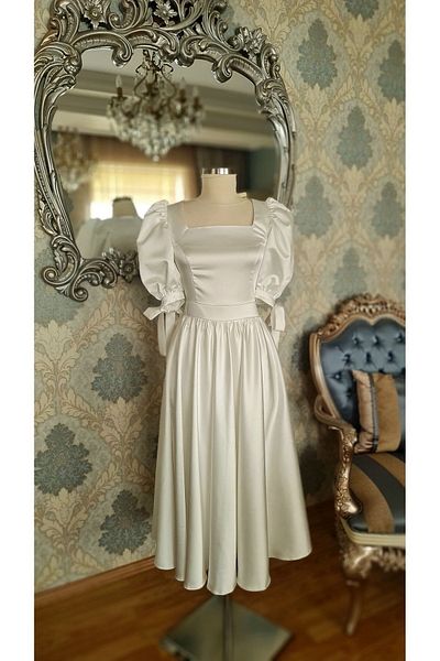 makbuleofficial Ecru White Satin, Watermelon, Gathered, Square Collar, Midi Length Promise Engagement Wedding Dress