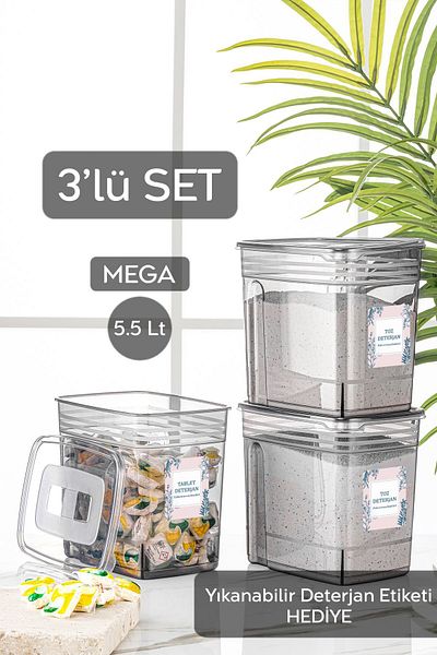 Meleni Home 3 Pieces 5.5 Liter Jumbo Storage Box - Lena Bathroom Organizer Tablet Detergent Storage Container with Label