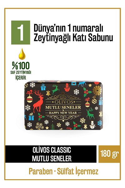 Olivos New Year Happy New Year Themed Olive Oil Solid Soap Olive Oil Hand Soap Intensive Moisturizing 180 gr