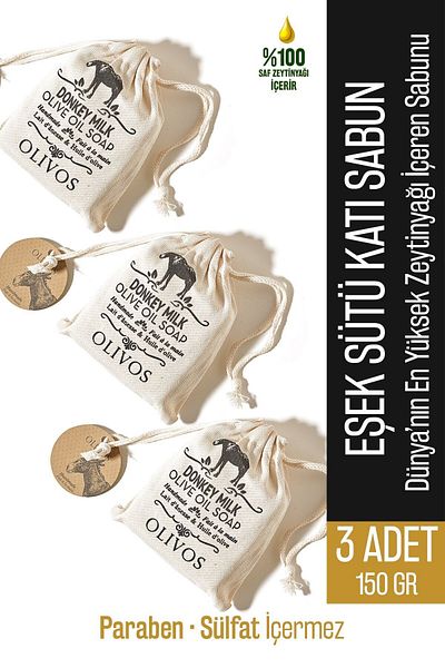 Olivos 100% Natural Donkey Milk and Olive Oil Soap - 150 Gr 3 Pcs Intensive Moisturizing Hand Soap